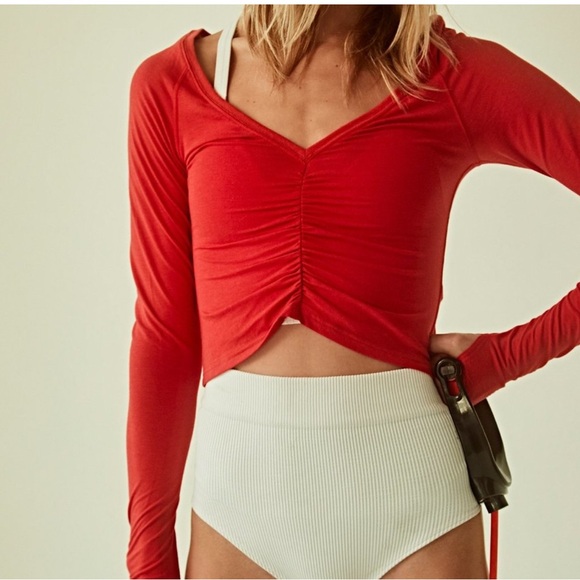 free people movement Tops - Free People Red Ruched Long Sleeve Top